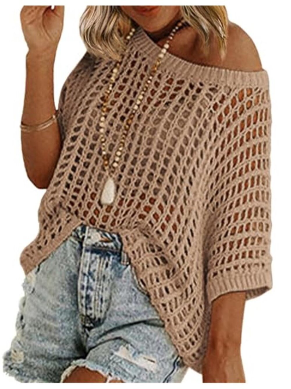 Women's Short Sleeve Crochet Sweater Lightweight Summer Top Loose Hollow Out